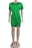 Зеленое модное повседневное однотонное лоскутное платье с круглым вырезом и коротким рукавом