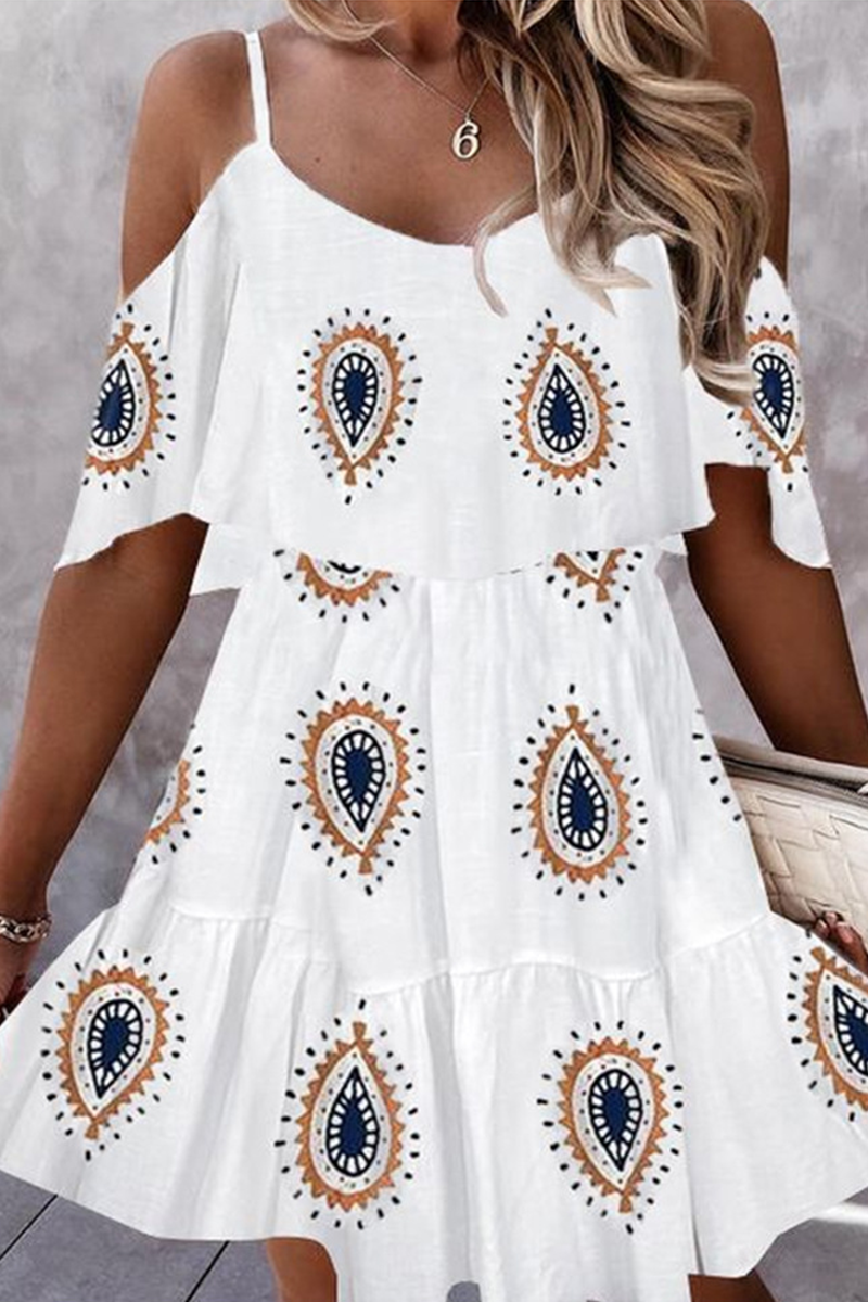 

White Fashion Print Split Joint Spaghetti Strap Cake Skirt Dresses