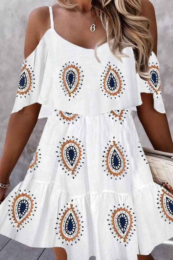 ホワイト ファッション プリント パッチワーク スパゲッティ ストラップ ケーキ スカート ドレス