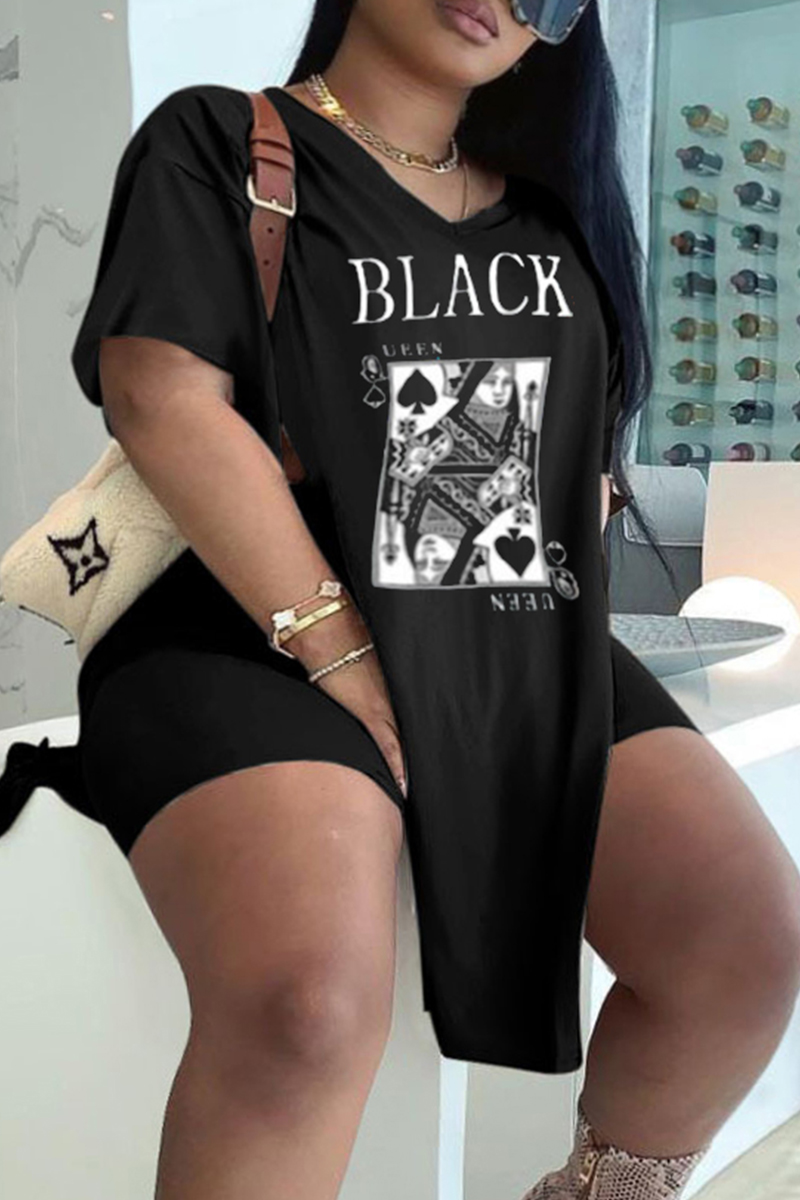 

Black Gray Fashion Casual Letter Print Slit V Neck Plus Size Two Pieces