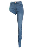 Jean en Denim bleu asymétrique, taille haute, décontracté, couleur unie, Patchwork, slim