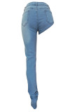 Синие модные повседневные однотонные лоскутные асимметричные джинсы скинни с высокой талией