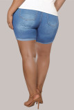 Pantalones cortos de mezclilla de talla grande de color sólido convencional de cintura alta regulares rasgados sólidos informales de moda azul real