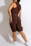 Khaki Fashion Casual Sportswear Solid Basic Colletto con cappuccio senza maniche in due pezzi