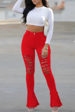 Rode mode casual effen gescheurde skinny jeans met hoge taille
