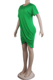 グリーン ファッション カジュアル ソリッド パッチワーク O ネック ショート スリーブ ドレス