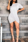 Grey Fashion Casual Solid Patchwork O Neck Short Sleeve Dress