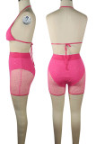 Pink Sexy Solid Bandage Sequins Patchwork See-through Halter Sleeveless Two Pieces