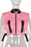 Pink Casual Street Solid Patchwork Pocket Zipper Tops