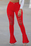 Красные модные повседневные однотонные рваные джинсы скинни с высокой талией