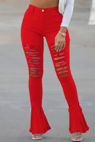 Red Fashion Casual Solid Ripped High Waist Skinny Denim Jeans