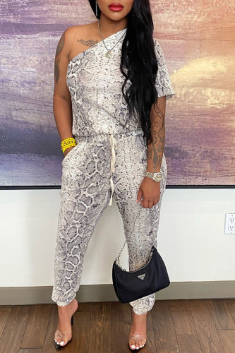 Snake Print Casual Print Patchwork Oblique Collar Regular Jumpsuits