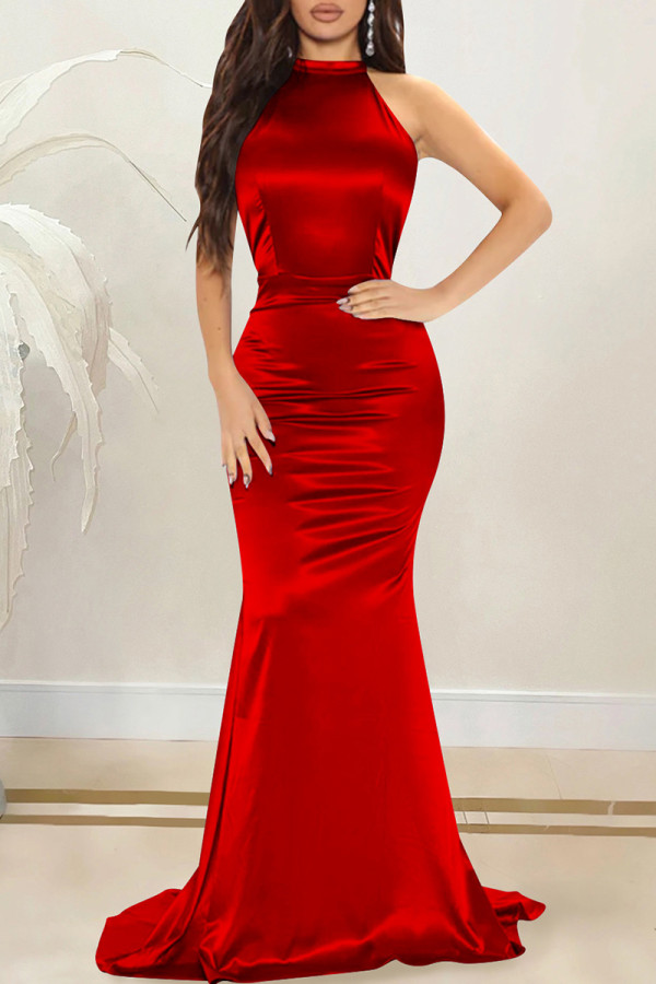 Vestido de noche con cuello en O sin espalda sólida sexy de moda roja