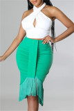 Green Fashion Casual Solid Tassel Patchwork Regular High Waist Skirt