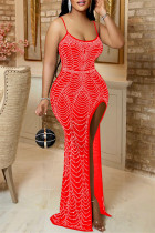 Vestido longo vermelho moda sexy patchwork furação quente sem costas com fenda e alça de espaguete