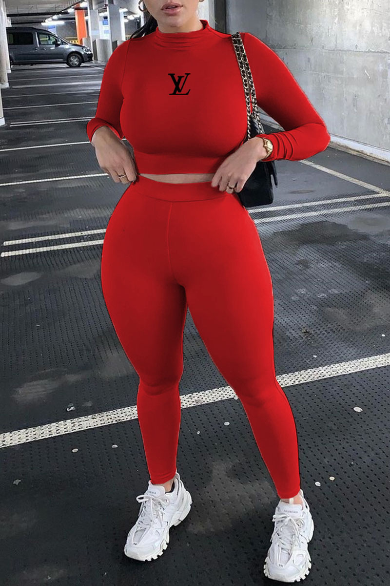 

Red Fashion Casual Print Letter O Neck Long Sleeve Two Pieces