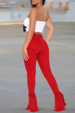 Jeans de mezclilla ajustados de cintura alta rasgados sólidos casuales de moda rojo