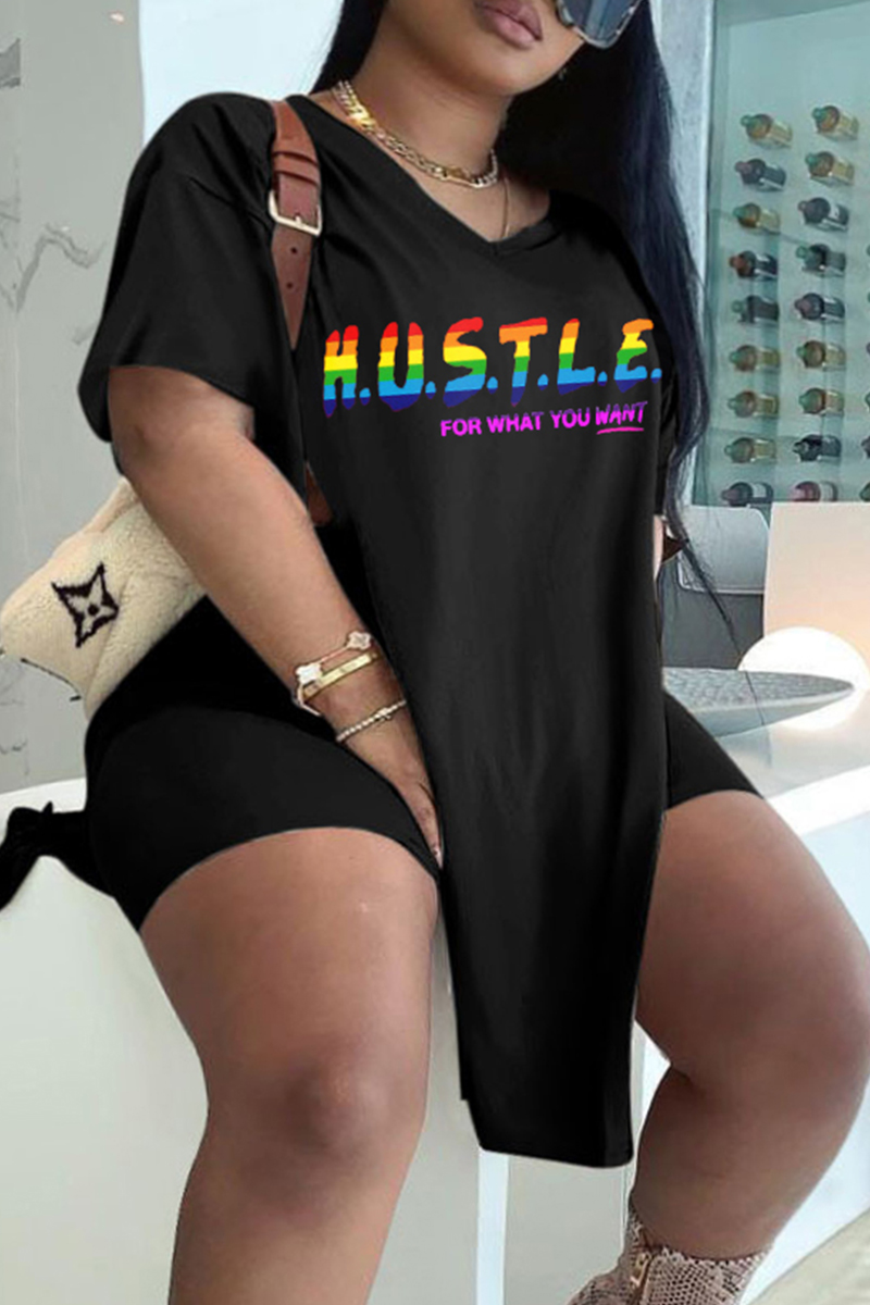 

Black Fashion Casual Letter Print Slit V Neck Plus Size Two Pieces