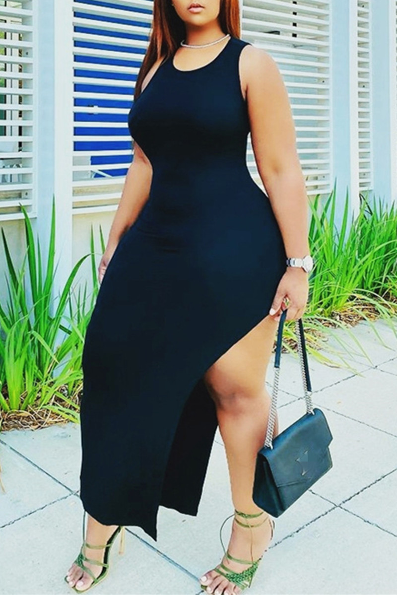 

Black Fashion Casual Solid Slit O Neck Vest Dress Plus Size Dresses