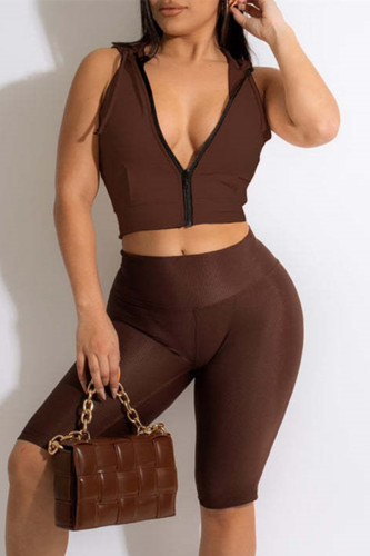 Coffee Fashion Casual Sportswear Solid Basic Hooded Collar Sleeveless Two Pieces
