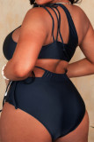 Black Sexy Solid Bandage Hollowed Out Backless One Shoulder Plus Size Swimwear (With Paddings)