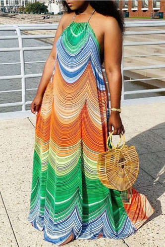 Color Fashion Sexy Plus Size Casual Print Backless Spaghetti Strap Robe longue