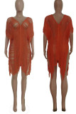 Rose Red Sexy Solid Tassel Hollowed Out Patchwork Swimwears Cover Up