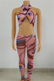 Pink Fashion Sexy Print Bandage Backless Halter Sleeveless Two Pieces