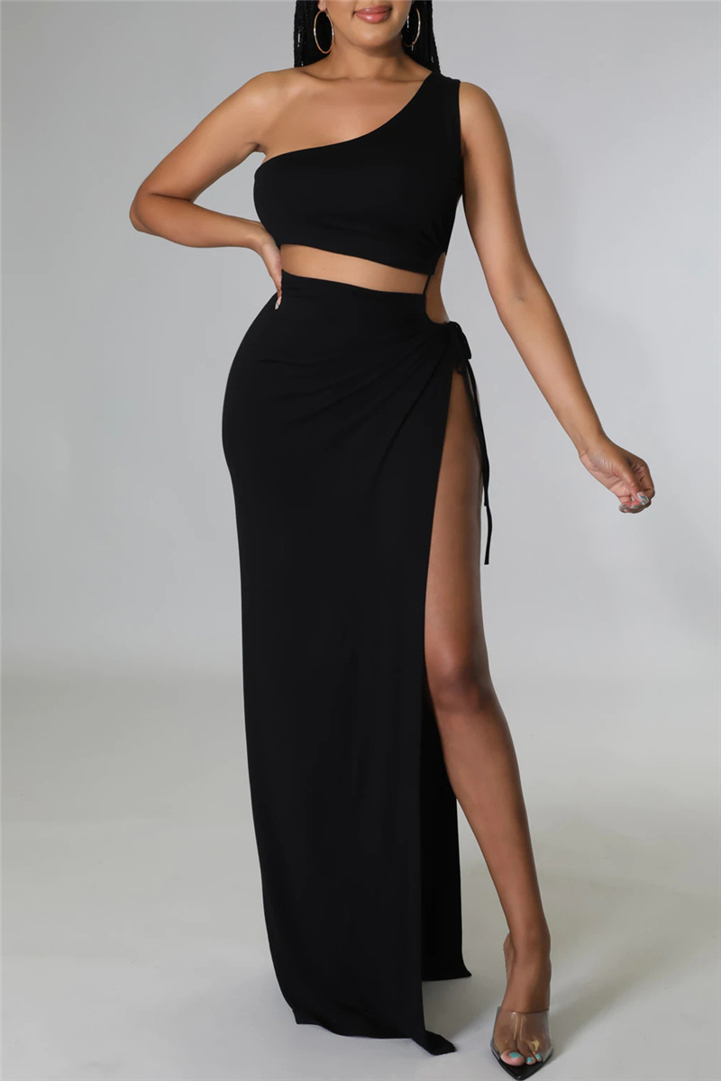 

Black Fashion Sexy Solid Bandage Slit One Shoulder Sleeveless Dress Dresses