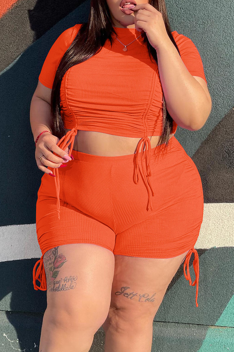 

Orange Fashion Casual Solid Draw String Frenulum O Neck Plus Size Two Pieces
