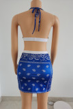 Blue Fashion Sexy Print Patchwork Backless Spaghetti Strap Sleeveless Two Pieces