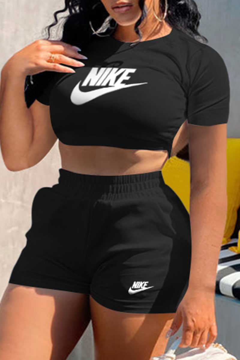 

Black Fashion Casual Print Backless O Neck Short Sleeve Two Pieces