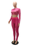 Rose Pink Fashion Sexy Print See-through O Neck Long Sleeve Two Pieces