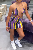 Purple Fashion Sexy Letter Striped Print Bandage Hollowed Out Spaghetti Strap Sleeveless Two Pieces