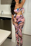 Pink Fashion Sexy Print Bandage Backless Halter Sleeveless Two Pieces