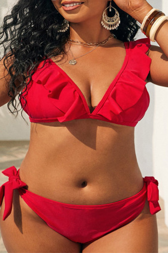 Red Sexy Solid Bandage Backless V Neck Plus Size Swimwear (With Paddings)