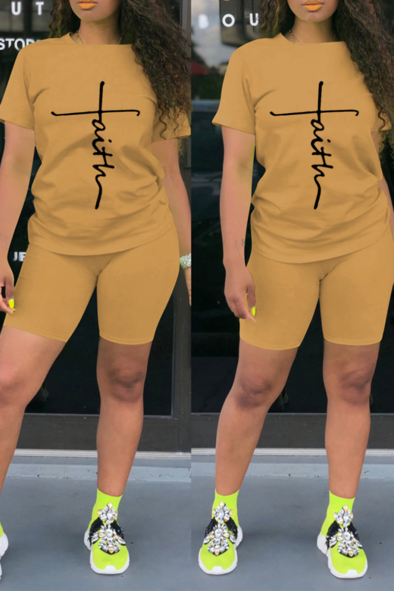 

Apricot Fashion Print Split Joint O Neck Short Sleeve Two Pieces