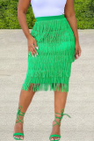 Calças de baixo de cor sólida verde moda borla reta cintura média reta