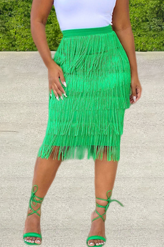 Green Fashion Solid Tassel Straight Mid Waist Straight Solid Color Bottoms