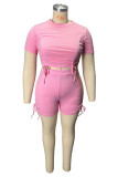 Pink Fashion Casual Solid Draw String Frenulum O-Ausschnitt Plus Size Two Pieces