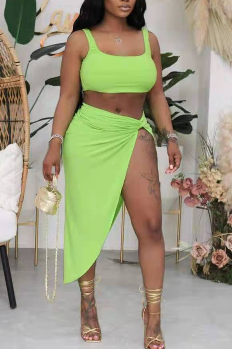 

Green Sexy Solid Split Joint Slit Asymmetrical U Neck Two Pieces