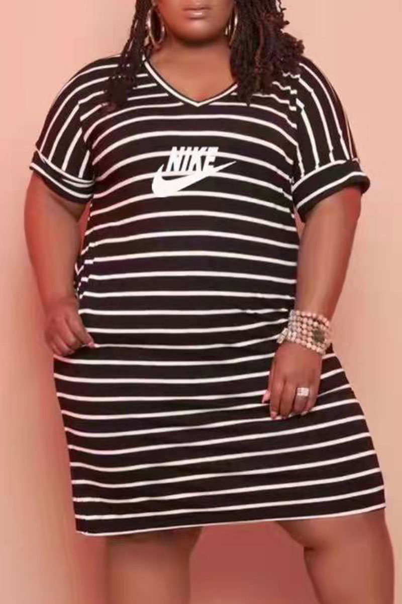 

Black Fashion Casual Striped Letter V Neck One Step Skirt Plus Size Dresses