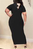 黒のファッションカジュアル固体パッチワークフード付き襟半袖ドレスプラスサイズのドレス