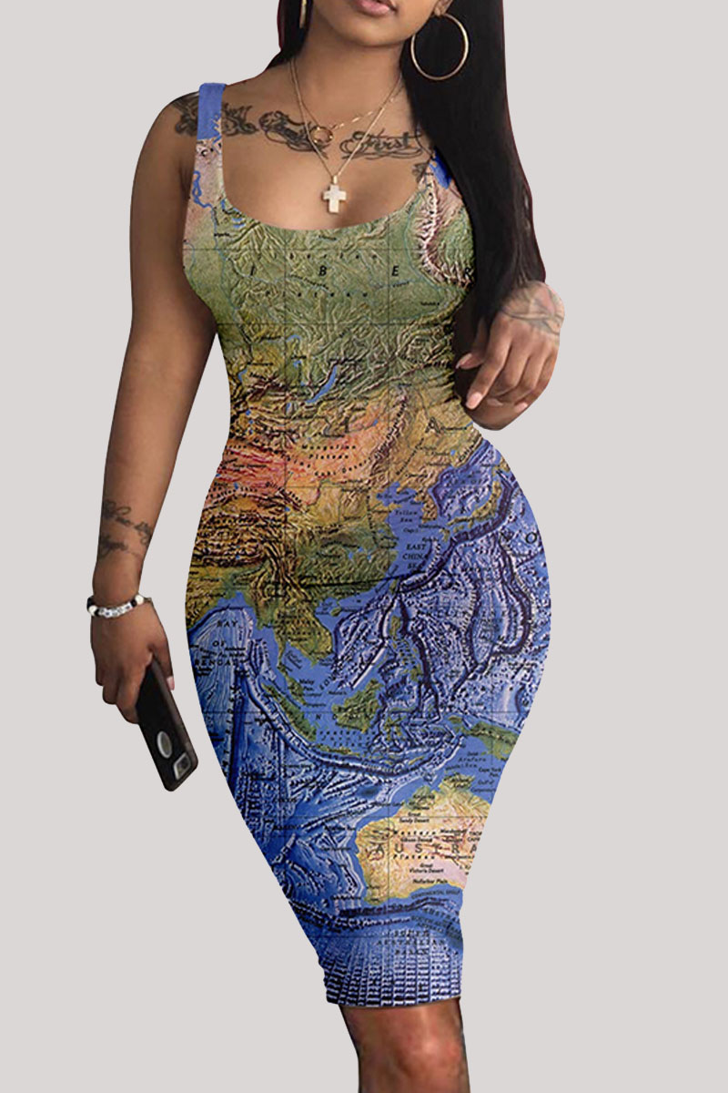 

Dark Blue Fashion Sexy Print Basic U Neck Vest Dress