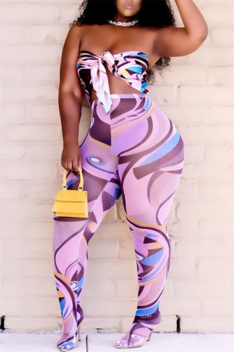 Purple Fashion Sexy Print Bandage Backless Halter Sleeveless Two Pieces