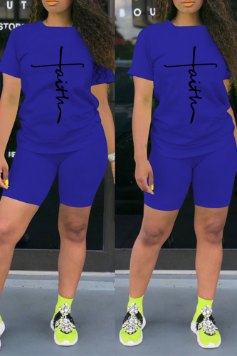 Royal Blue Fashion Print Patchwork O Neck Short Sleeve Two Pieces