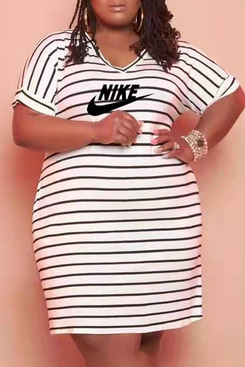 

White Fashion Casual Striped Letter V Neck One Step Skirt Plus Size Dresses