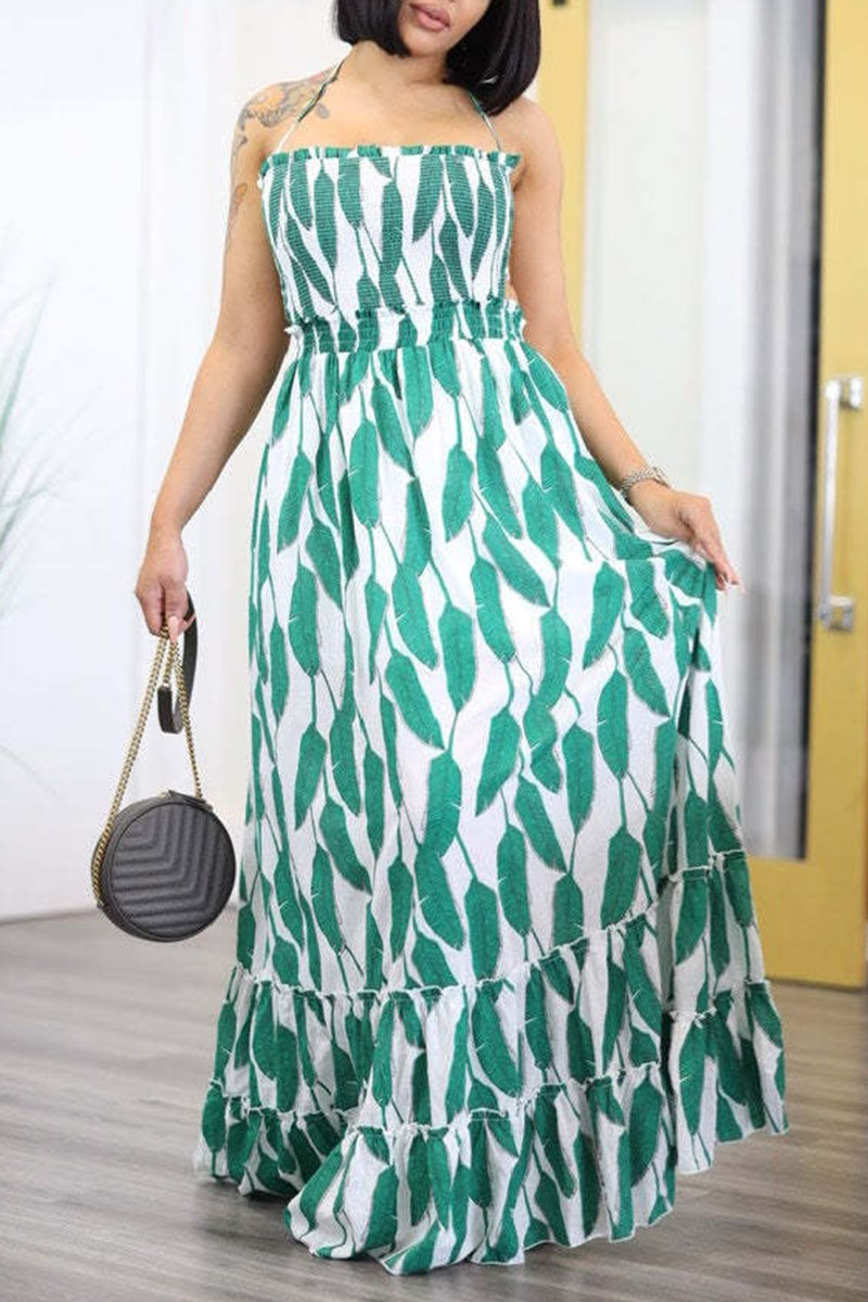 

Green Sweet Print Split Joint Backless Halter A Line Dresses