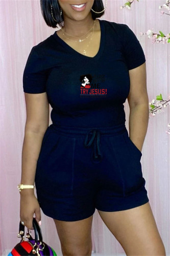 Black Fashion Casual Print Basic V Neck Short Sleeve Two Pieces