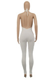 White Sexy Casual Solid Backless Halter Skinny Jumpsuits